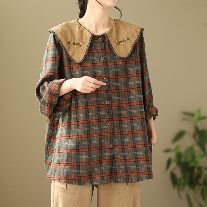 Buddha Stones Embroidered Plaid Pattern Cotton Women's Shirt - image 8