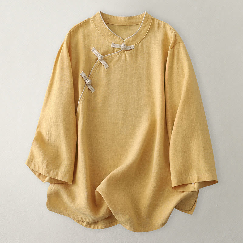 Buddha Stones Plain Slanted Buttons Cotton Linen Women's Shirt - Gold - US12,UK/AU16,EU44 (2XL) - image 1