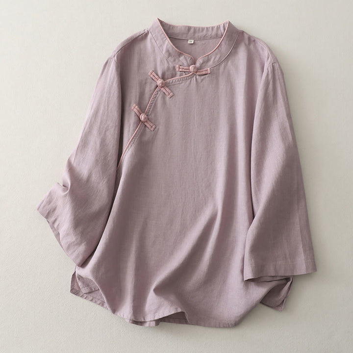 Buddha Stones Plain Slanted Buttons Cotton Linen Women's Shirt - Thistle - US12,UK/AU16,EU44 (2XL) - image 3