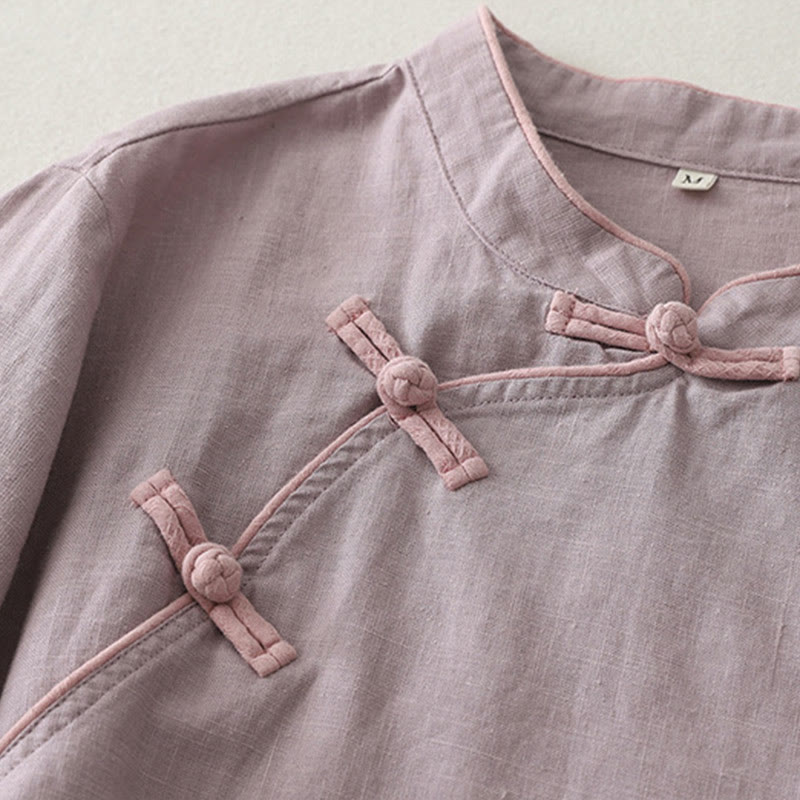 Buddha Stones Plain Slanted Buttons Cotton Linen Women's Shirt - image 7