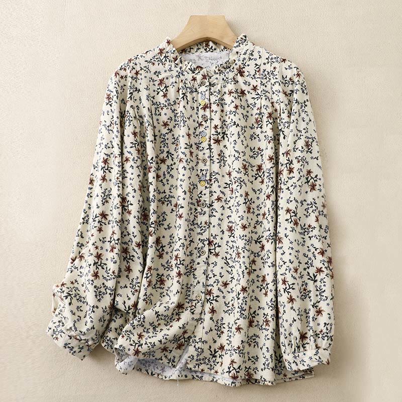 Buddha Stones Casual Florals Crew Neck Cotton Linen Women's Shirt - Beige - US14,UK/AU18,EU46 (2XL) - image 1