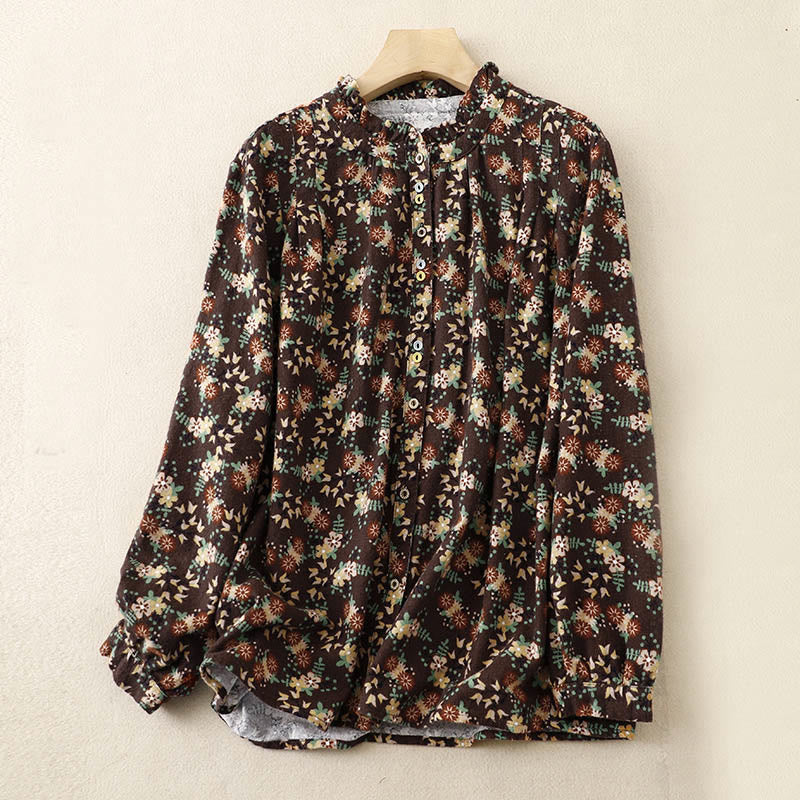 Buddha Stones Casual Florals Crew Neck Cotton Linen Women's Shirt - SaddleBrown - US14,UK/AU18,EU46 (2XL) - image 23