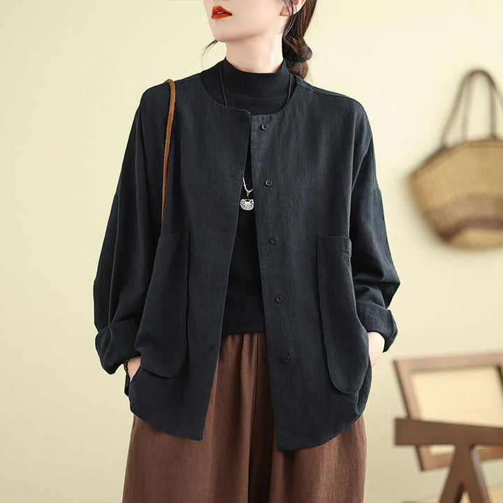 Buddha Stones Plain Design Long Sleeve Women's Cotton Linen Jacket With Pockets - image 16