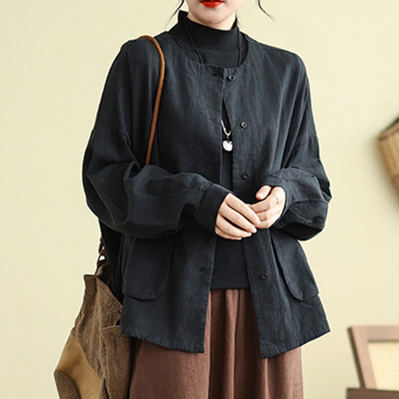 Buddha Stones Plain Design Long Sleeve Women's Cotton Linen Jacket With Pockets - image 14