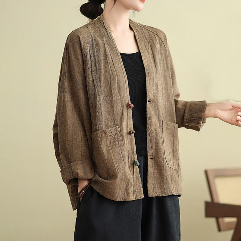 Buddha Stones Plain Long Sleeve Women's Cotton Linen Jacket With Pockets - Tan - US14,UK/AU18,EU46 (2XL) - image 1