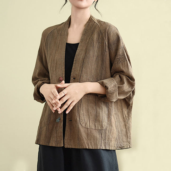 Buddha Stones Plain Long Sleeve Women's Cotton Linen Jacket With Pockets - image 6