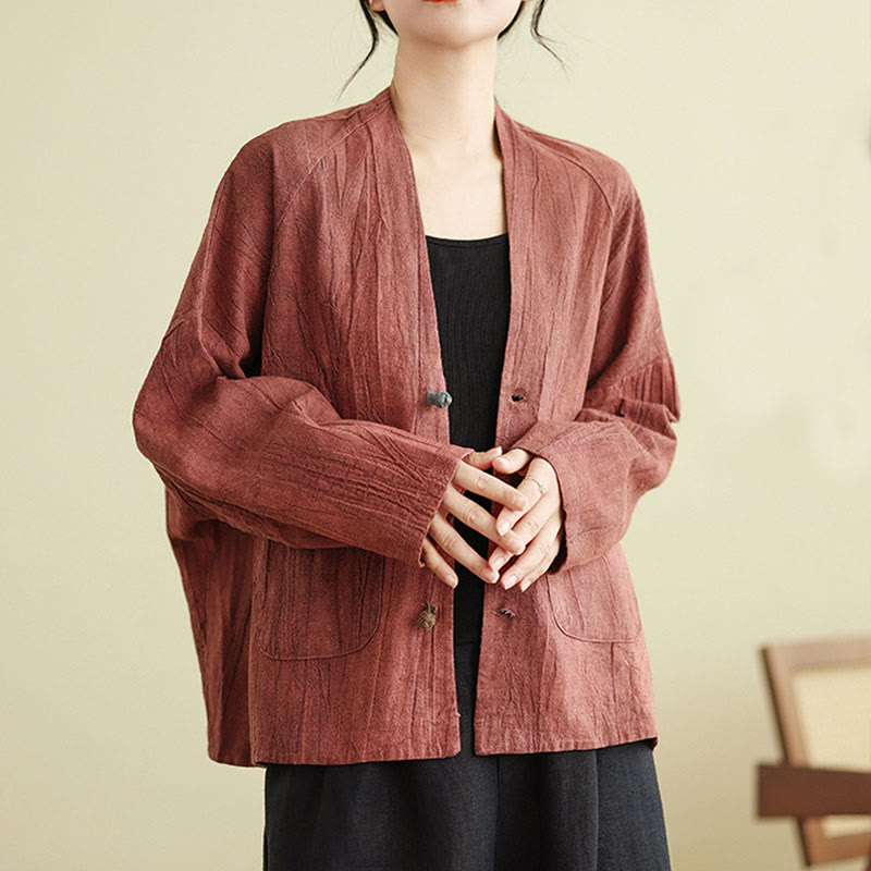 Buddha Stones Plain Long Sleeve Women's Cotton Linen Jacket With Pockets - IndianRed - US14,UK/AU18,EU46 (2XL) - image 8