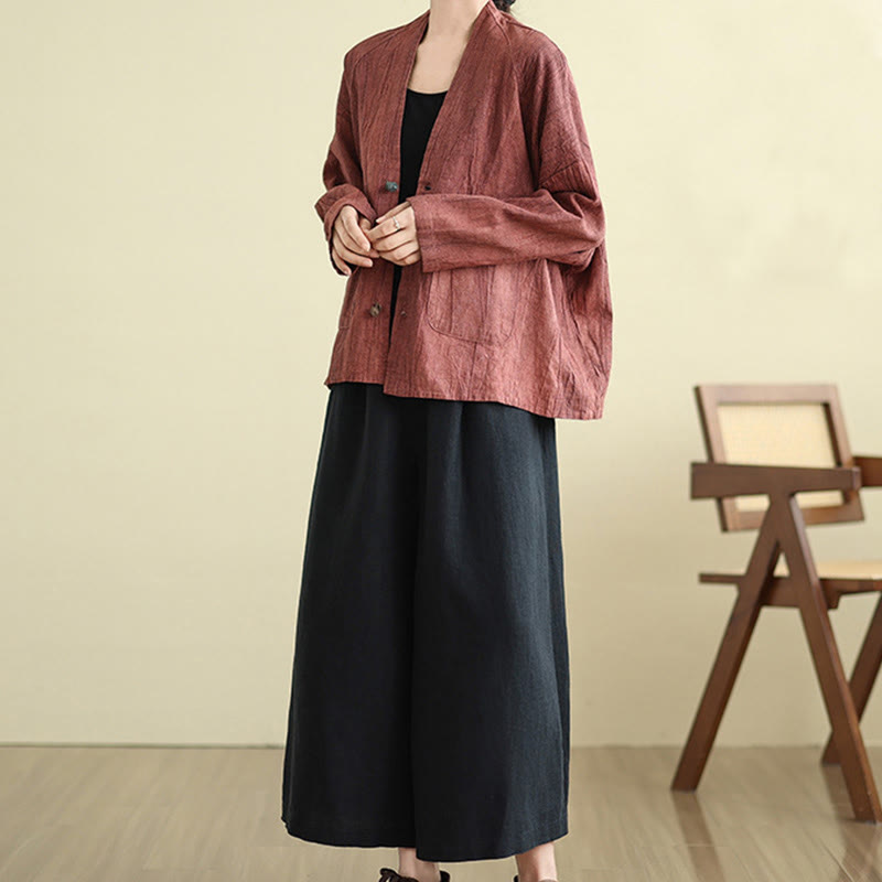 Buddha Stones Plain Long Sleeve Women's Cotton Linen Jacket With Pockets - image 13