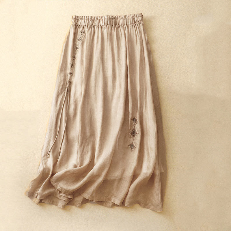 Buddha Stones Ethnic Vintage Embroidery Button Design Women's Cotton Linen 7-8 Length Skirt - Gold - US8-10,UK/AU12-14,EU40-42 (2XL) - image 9