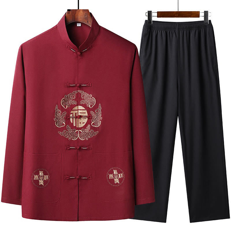 Buddha Stones Chinese New Year Embroidered Fu Tang Suit Hanfu Long Sleeve Top Pants Clothing Men's Set - Red - US/UK/AU44,EU54 (4XL) - image 0
