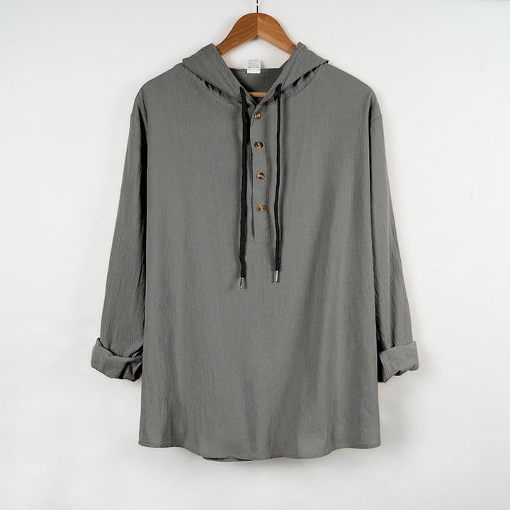 Buddha Stones Solid Color Fall Half Buttons Men's Hooded Long Sleeve Cotton Shirt - DarkGray - US/UK/AU46,EU56 (3XL) - image 10