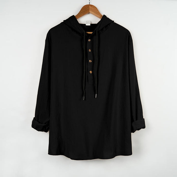 Buddha Stones Solid Color Fall Half Buttons Men's Hooded Long Sleeve Cotton Shirt - Black - US/UK/AU46,EU56 (3XL) - image 8