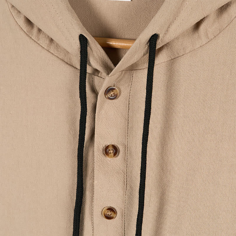 Buddha Stones Solid Color Fall Half Buttons Men's Hooded Long Sleeve Cotton Shirt - image 14