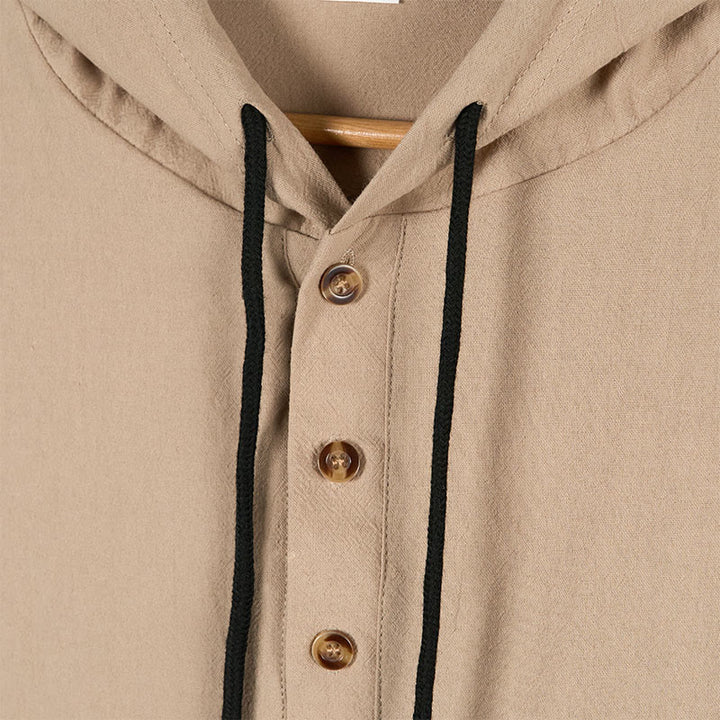 Buddha Stones Solid Color Fall Half Buttons Men's Hooded Long Sleeve Cotton Shirt - image 14