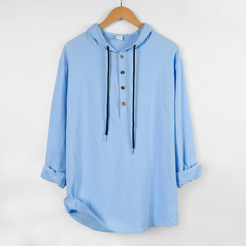Buddha Stones Solid Color Fall Half Buttons Men's Hooded Long Sleeve Cotton Shirt - LightSkyBlue - US/UK/AU46,EU56 (3XL) - image 1