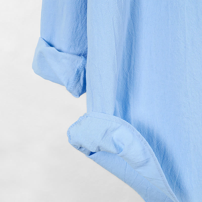 Buddha Stones Solid Color Fall Half Buttons Men's Hooded Long Sleeve Cotton Shirt - image 5