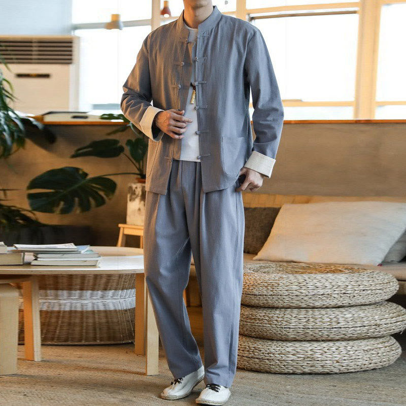 Buddha Stones 2Pcs Zen Tang Suit Men's Frog-Button Long Sleeve Shirt Pants Set With Pockets - Gray - US/UK/AU44,EU54 (5XL) - image 0