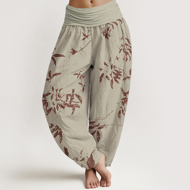 Buddha Stones Pure Cotton Branch Pattern Women's Elastic Waist Harem Pants - Khaki - US22,UK/AU26,EU54 (6XL) - image 0