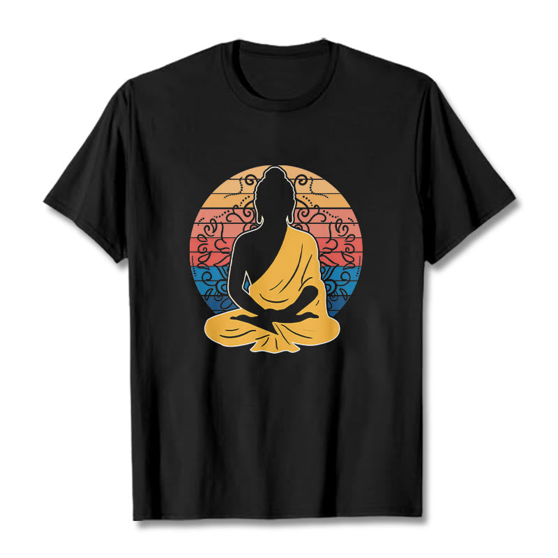Buddha Stones Casual Colorful Meditating Buddha Pattern Cotton Tee T-shirt - Black - 2XL - image 1