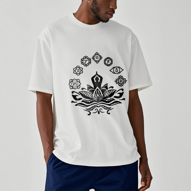 Buddha Stones Casual Meditating Figure Lotus Flower Seven Chakras Pattern Cotton Tee T-Shirt - image 9