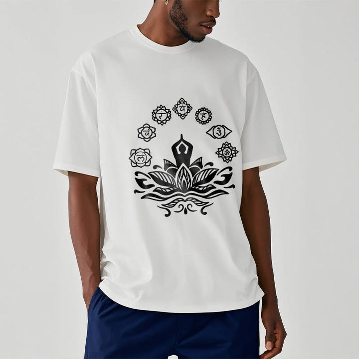 Buddha Stones Casual Meditating Figure Lotus Flower Seven Chakras Pattern Cotton Tee T-Shirt - image 9