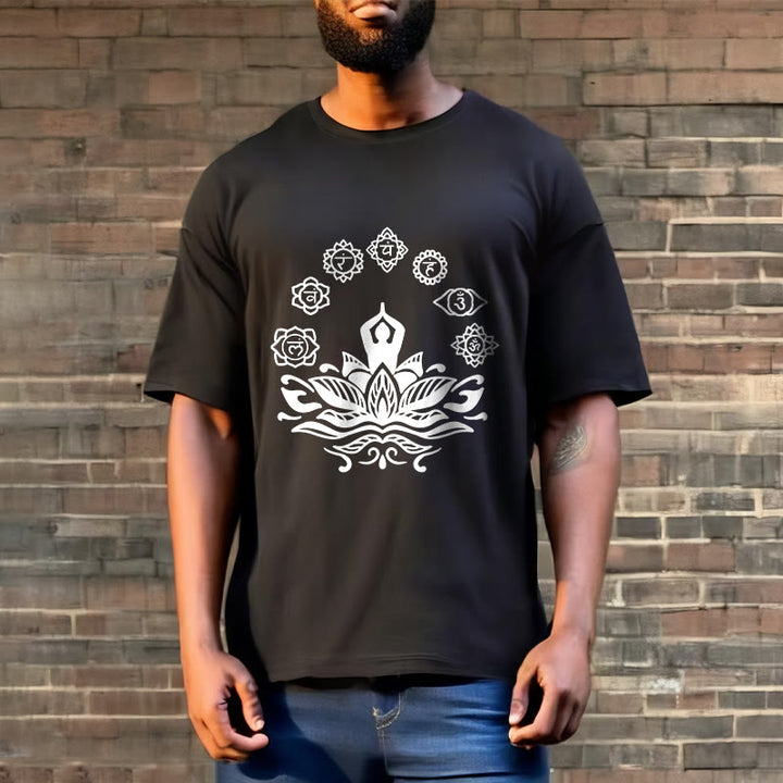Buddha Stones Casual Meditating Figure Lotus Flower Seven Chakras Pattern Cotton Tee T-Shirt - image 6
