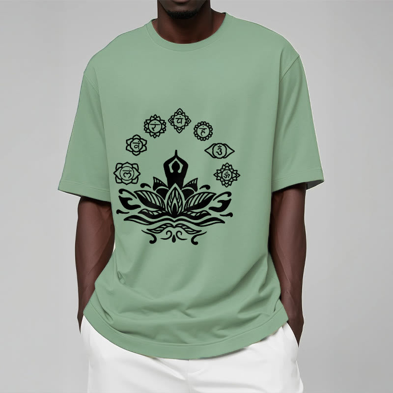 Buddha Stones Casual Meditating Figure Lotus Flower Seven Chakras Pattern Cotton Tee T-Shirt - image 16