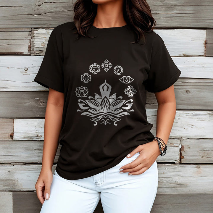 Buddha Stones Casual Meditating Figure Lotus Flower Seven Chakras Pattern Cotton Tee T-Shirt - image 7