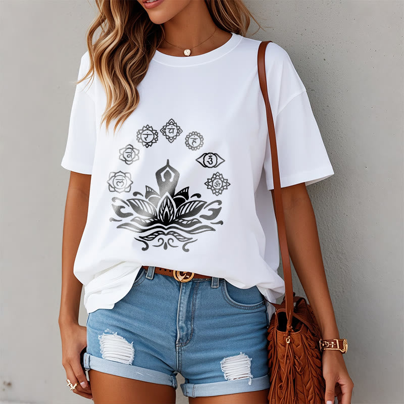 Buddha Stones Casual Meditating Figure Lotus Flower Seven Chakras Pattern Cotton Tee T-Shirt - image 10