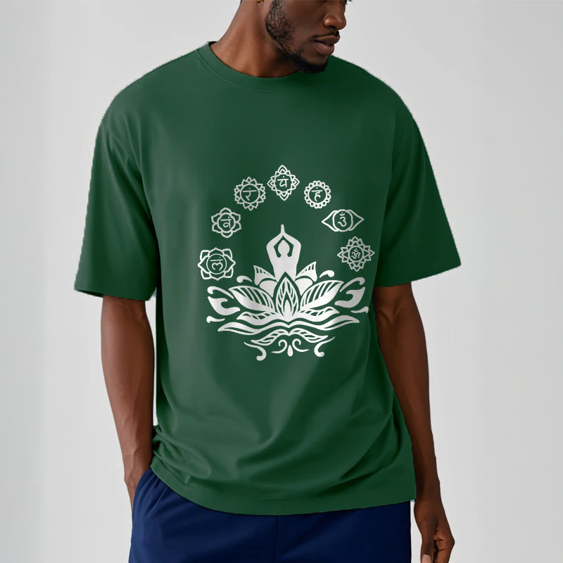 Buddha Stones Casual Meditating Figure Lotus Flower Seven Chakras Pattern Cotton Tee T-Shirt - image 2