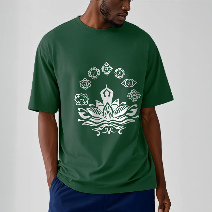 Buddha Stones Casual Meditating Figure Lotus Flower Seven Chakras Pattern Cotton Tee T-Shirt - image 2