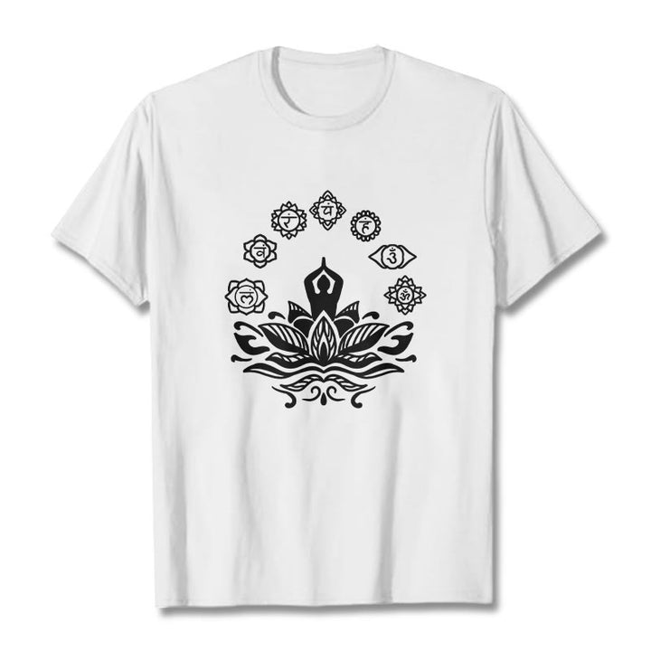 Buddha Stones Casual Meditating Figure Lotus Flower Seven Chakras Pattern Cotton Tee T-Shirt - White - 2XL - image 8