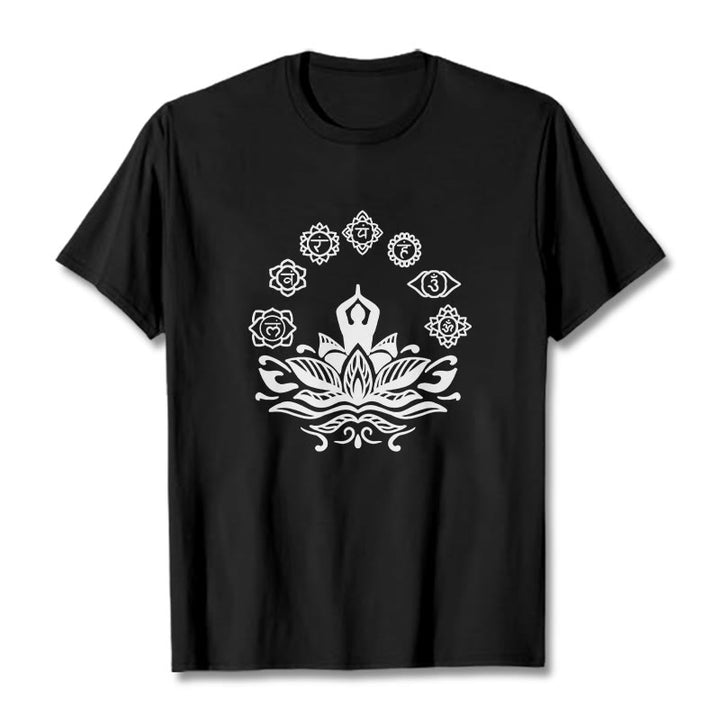 Buddha Stones Casual Meditating Figure Lotus Flower Seven Chakras Pattern Cotton Tee T-Shirt - Black - 2XL - image 4
