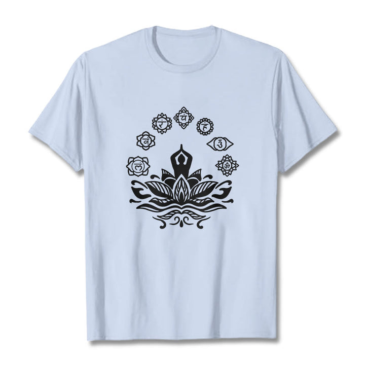 Buddha Stones Casual Meditating Figure Lotus Flower Seven Chakras Pattern Cotton Tee T-Shirt - LightCyan - 2XL - image 19