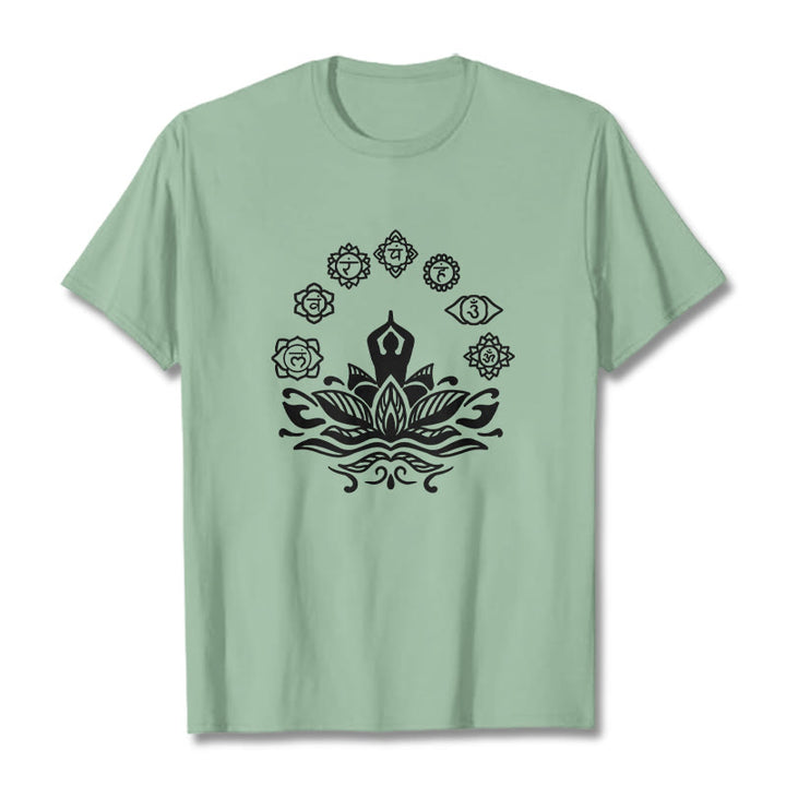 Buddha Stones Casual Meditating Figure Lotus Flower Seven Chakras Pattern Cotton Tee T-Shirt - PaleGreen - 2XL - image 15