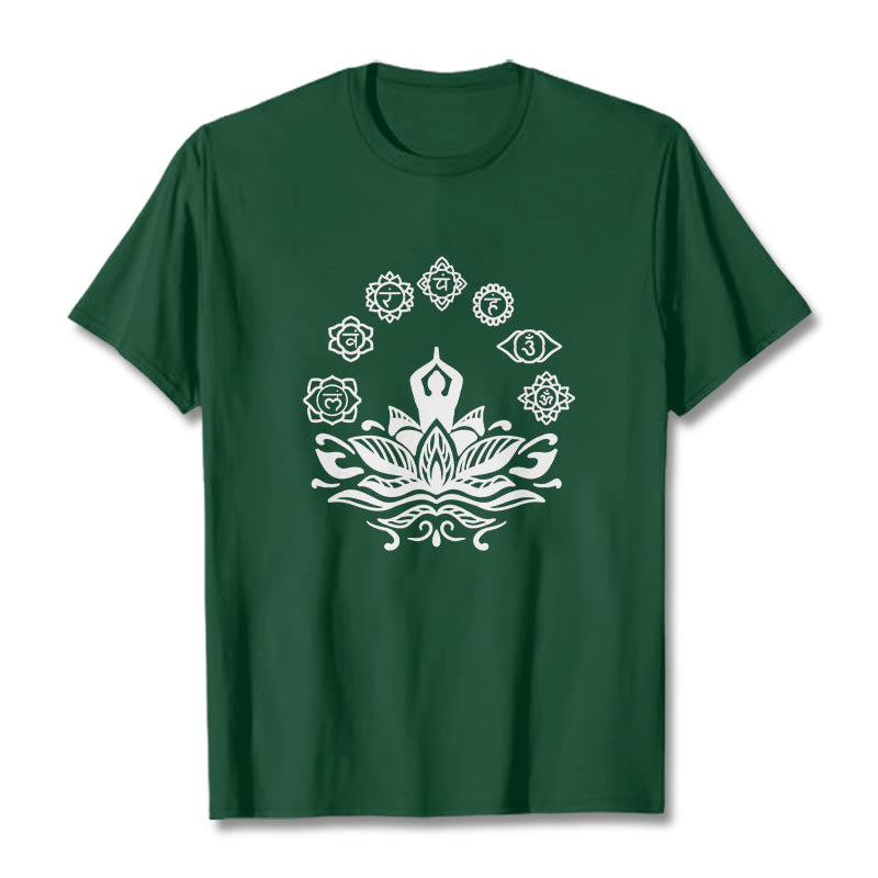 Buddha Stones Casual Meditating Figure Lotus Flower Seven Chakras Pattern Cotton Tee T-Shirt - ForestGreen - 2XL - image 1