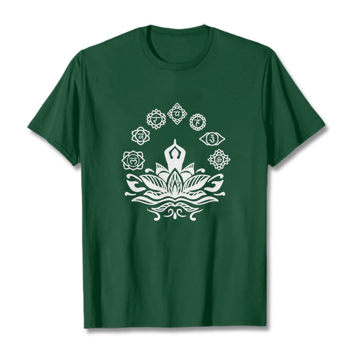 Buddha Stones Casual Meditating Figure Lotus Flower Seven Chakras Pattern Cotton Tee T-Shirt - ForestGreen - 2XL - image 1