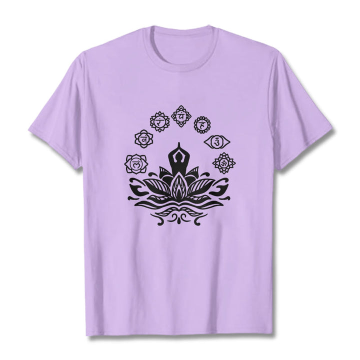 Buddha Stones Casual Meditating Figure Lotus Flower Seven Chakras Pattern Cotton Tee T-Shirt - Plum - 2XL - image 17