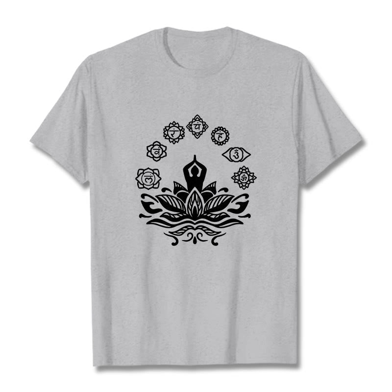 Buddha Stones Casual Meditating Figure Lotus Flower Seven Chakras Pattern Cotton Tee T-Shirt - LightGrey - 2XL - image 20