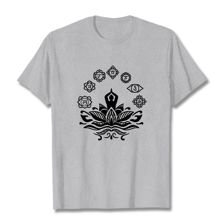 Buddha Stones Casual Meditating Figure Lotus Flower Seven Chakras Pattern Cotton Tee T-Shirt - LightGrey - 2XL - image 20