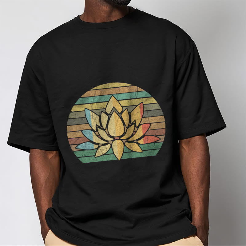 Buddha Stones Casual Retro Striped Background Lotus Flower Pattern Cotton Tee T-shirt - image 2