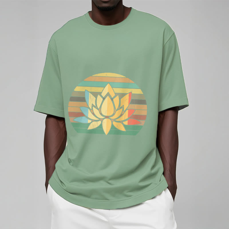 Buddha Stones Casual Retro Striped Background Lotus Flower Pattern Cotton Tee T-shirt - image 16