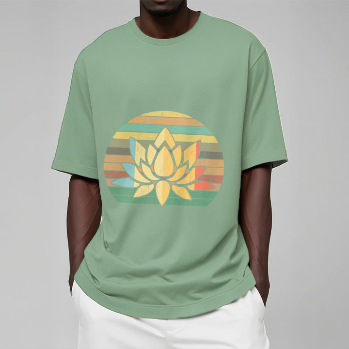 Buddha Stones Casual Retro Striped Background Lotus Flower Pattern Cotton Tee T-shirt - image 16