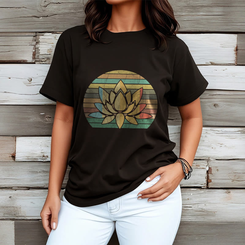 Buddha Stones Casual Retro Striped Background Lotus Flower Pattern Cotton Tee T-shirt - image 4