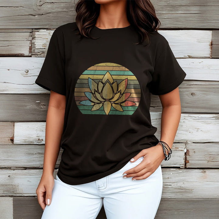Buddha Stones Casual Retro Striped Background Lotus Flower Pattern Cotton Tee T-shirt - image 4