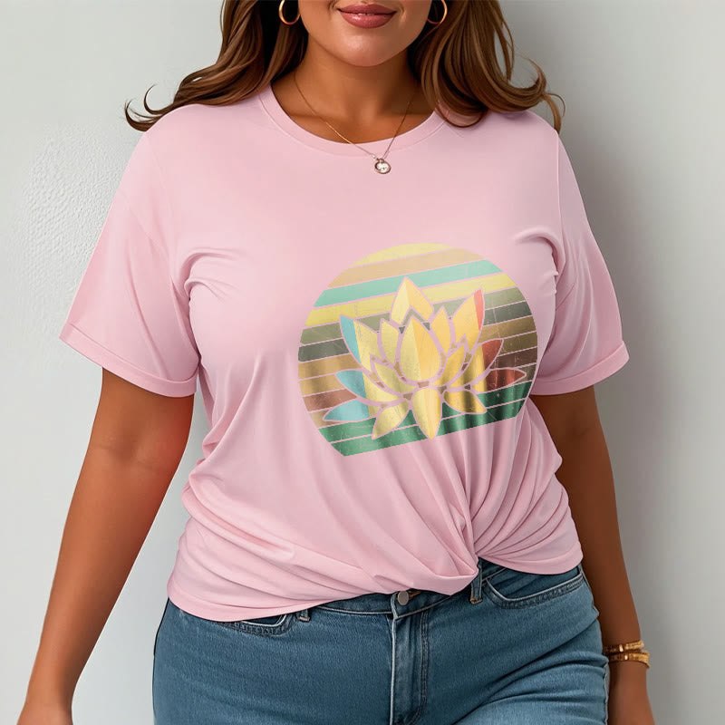 Buddha Stones Casual Retro Striped Background Lotus Flower Pattern Cotton Tee T-shirt - image 14