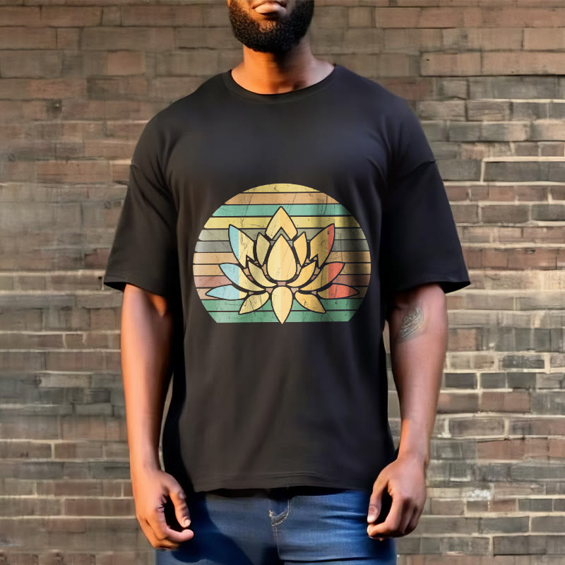 Buddha Stones Casual Retro Striped Background Lotus Flower Pattern Cotton Tee T-shirt - image 3