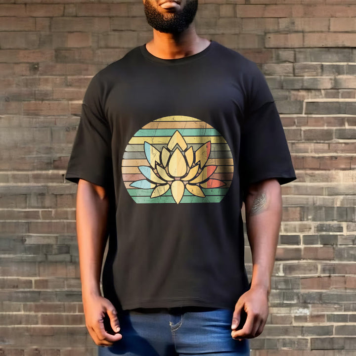 Buddha Stones Casual Retro Striped Background Lotus Flower Pattern Cotton Tee T-shirt - image 3