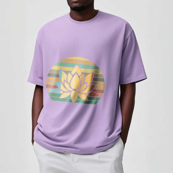 Buddha Stones Casual Retro Striped Background Lotus Flower Pattern Cotton Tee T-shirt - image 18