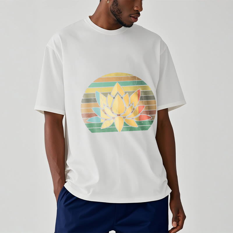 Buddha Stones Casual Retro Striped Background Lotus Flower Pattern Cotton Tee T-shirt - image 7
